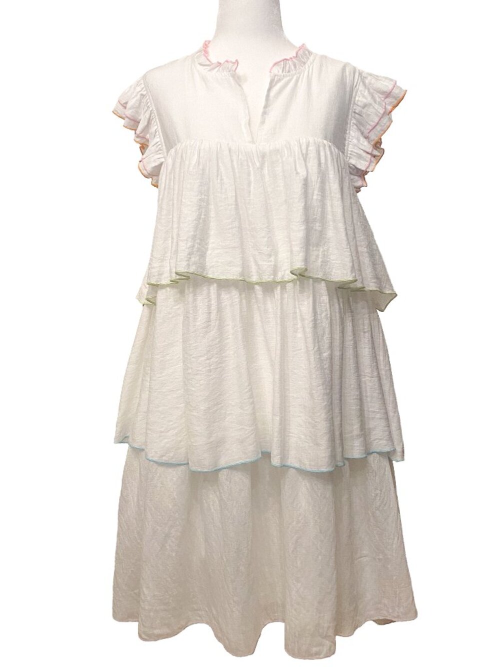 ENGLISH FACTORY White Ruffle Babydoll Dress w/ Multicolor Piping Sz M Fairycore